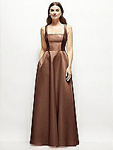 Front View Thumbnail - Cognac Square-Neck Satin Maxi Dress with Full Skirt