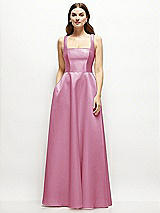 Front View Thumbnail - Powder Pink Square-Neck Satin Maxi Dress with Full Skirt