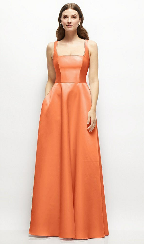 Front View - Portofino Orange Square-Neck Satin Maxi Dress with Full Skirt