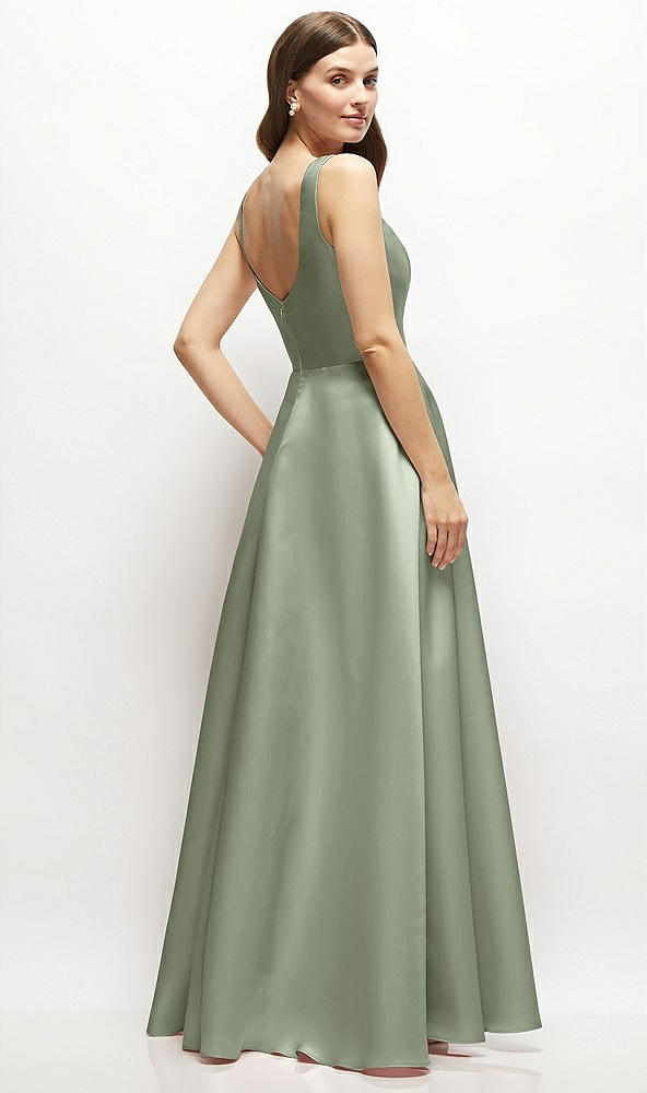 Back View - Sage Square-Neck Satin Maxi Dress with Full Skirt
