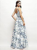 Rear View Thumbnail - Cottage Rose Larkspur Floral Square-Neck Satin Maxi Dress with Full Skirt