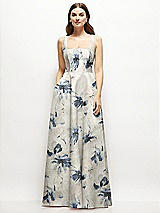 Front View Thumbnail - Inkwash Blue Floral Floral Square-Neck Satin Maxi Dress with Full Skirt