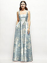 Front View Thumbnail - Porcelain Blue Seraphina Floral Floral Square-Neck Satin Maxi Dress with Full Skirt