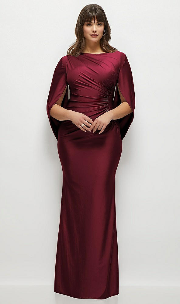 Front View - Cabernet Draped Stretch Satin Maxi Dress with Built-in Capelet