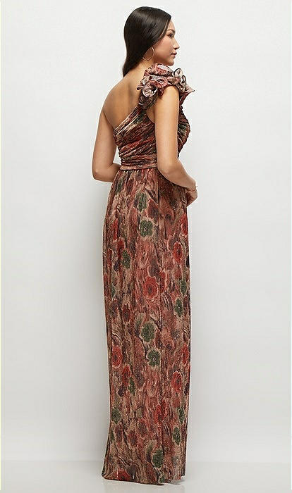 Dramatic Ruffle Edge One-shoulder Fall Foral pleated Metallic Maxi