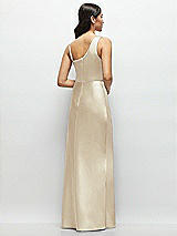 Rear View Thumbnail - Champagne One-Shoulder Draped Cowl A-Line Satin Maxi Dress