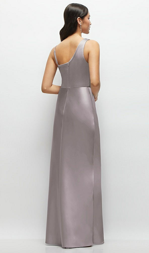 Back View - Cashmere Gray One-Shoulder Draped Cowl A-Line Satin Maxi Dress