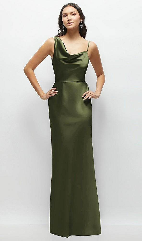 Front View - Olive Green One-Shoulder Draped Cowl A-Line Satin Maxi Dress