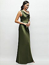 Side View Thumbnail - Olive Green One-Shoulder Draped Cowl A-Line Satin Maxi Dress