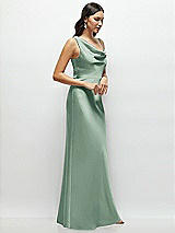 Side View Thumbnail - Seagrass One-Shoulder Draped Cowl A-Line Satin Maxi Dress