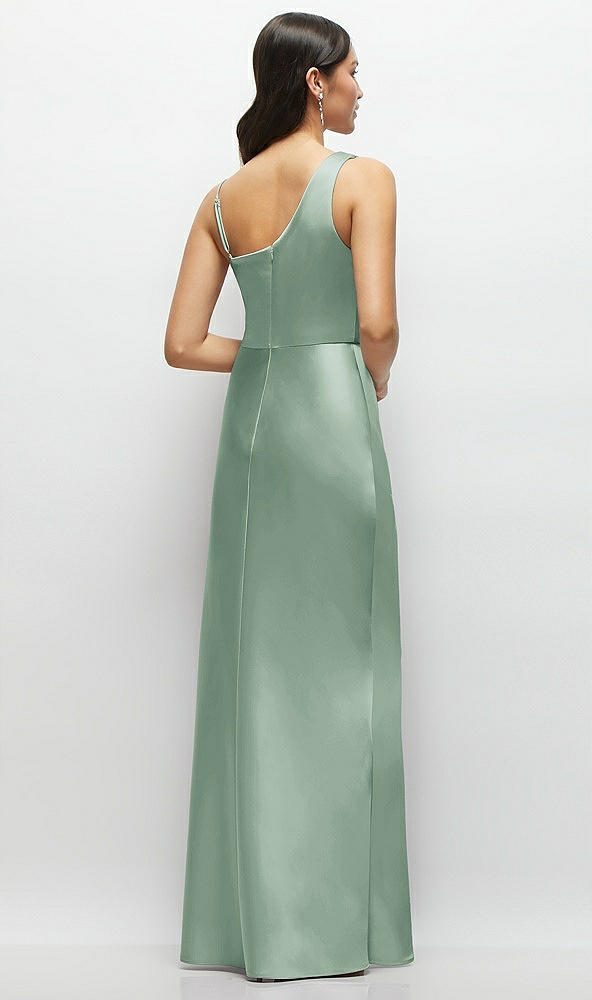 Back View - Seagrass One-Shoulder Draped Cowl A-Line Satin Maxi Dress