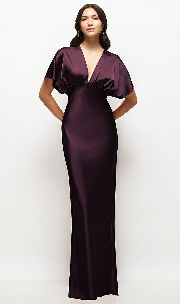 Front View - Deep Plum Plunge Neck Kimono Sleeve Satin Bias Maxi Dress