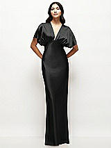 Front View Thumbnail - Black Plunge Neck Kimono Sleeve Satin Bias Maxi Dress