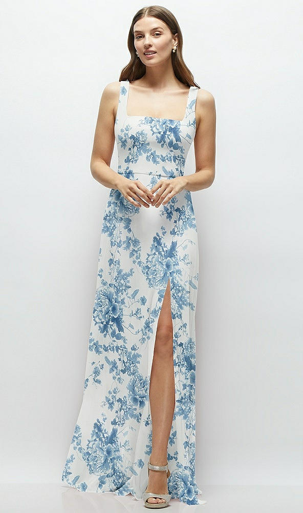 Front View - Cottage Rose Dusk Blue Square Neck Chiffon Maxi Dress with Circle Skirt
