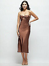 Front View Thumbnail - Cognac Strapless Bow-Bandeau Cutout Satin Midi Slip Dress