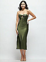 Front View Thumbnail - Olive Green Strapless Bow-Bandeau Cutout Satin Midi Slip Dress