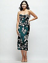 Front View Thumbnail - Vintage Primrose Evergreen Strapless Bow-Bandeau Cutout Floral Satin Midi Slip Dress