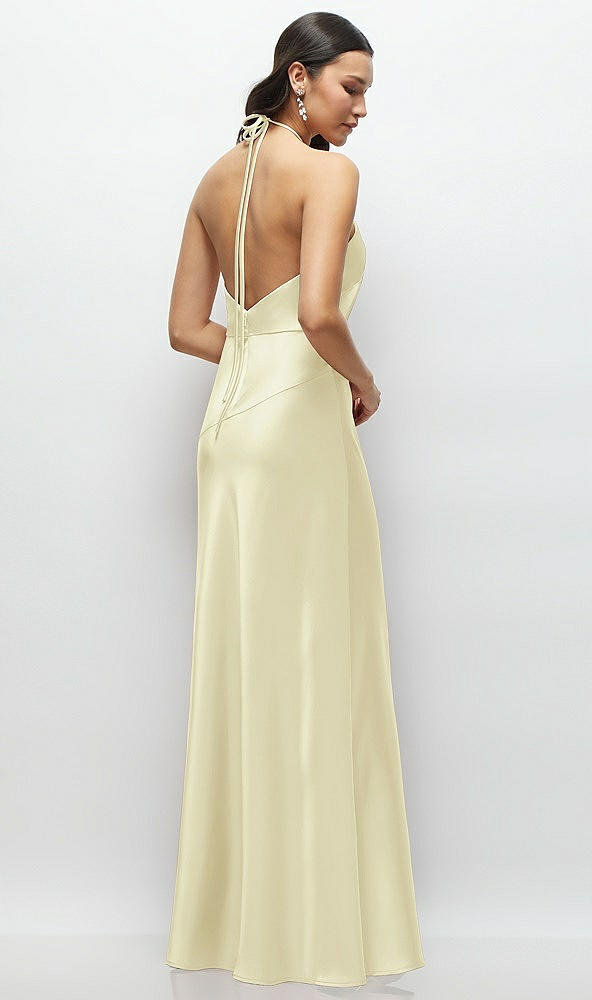 Back View - Butter Yellow High Halter Tie-Strap Open-Back Satin Maxi Dress