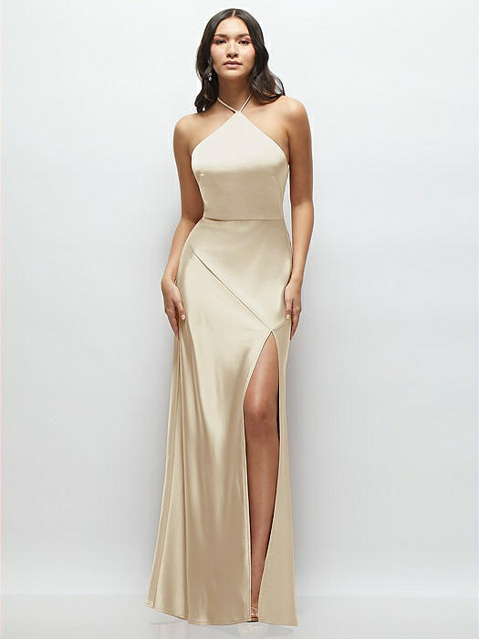 High Halter Tie-Strap Open-Back Satin Maxi Dress