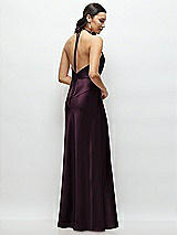 Rear View Thumbnail - Deep Plum High Halter Tie-Strap Open-Back Satin Maxi Dress