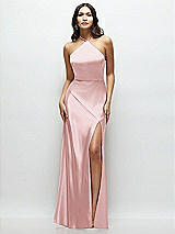 Front View Thumbnail - Ballet Pink High Halter Tie-Strap Open-Back Satin Maxi Dress