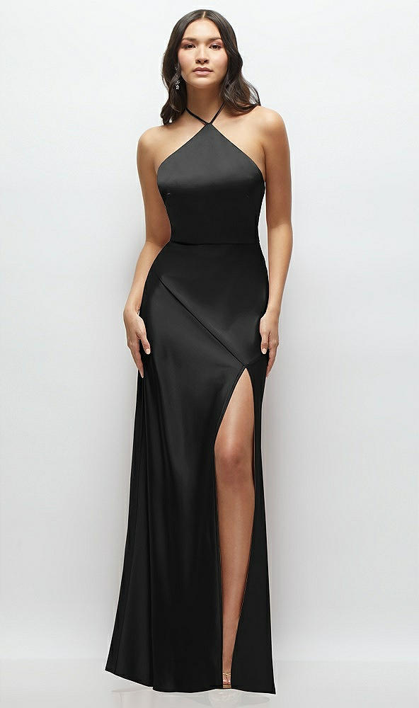 Front View - Black High Halter Tie-Strap Open-Back Satin Maxi Dress