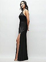 Side View Thumbnail - Black High Halter Tie-Strap Open-Back Satin Maxi Dress