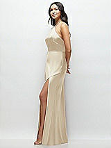 Side View Thumbnail - Champagne High Halter Tie-Strap Open-Back Satin Maxi Dress