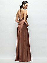 Rear View Thumbnail - Cognac High Halter Tie-Strap Open-Back Satin Maxi Dress