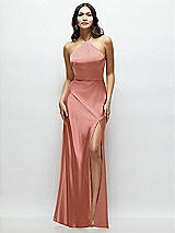 Front View Thumbnail - Desert Rose High Halter Tie-Strap Open-Back Satin Maxi Dress