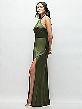 Side View Thumbnail - Olive Green High Halter Tie-Strap Open-Back Satin Maxi Dress