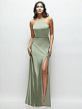Front View Thumbnail - Sage High Halter Tie-Strap Open-Back Satin Maxi Dress