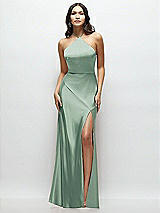 Front View Thumbnail - Seagrass High Halter Tie-Strap Open-Back Satin Maxi Dress