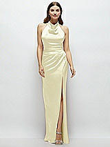 Front View Thumbnail - Butter Yellow Cowl Halter Open-Back Satin Maxi Dress
