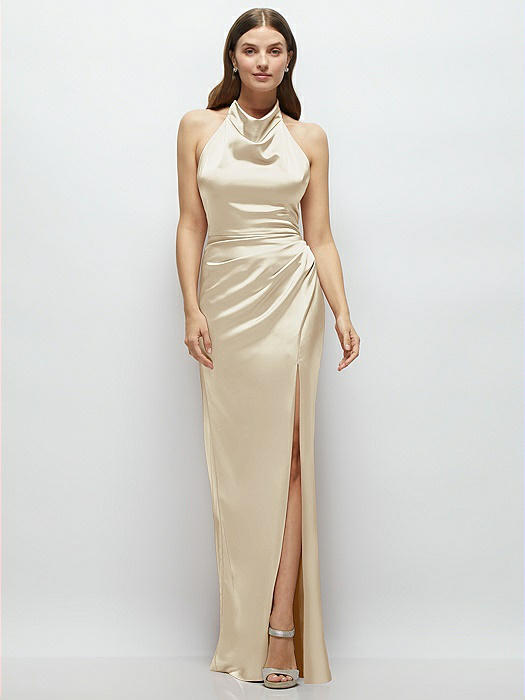 Cowl Halter Open-Back Satin Maxi Dress
