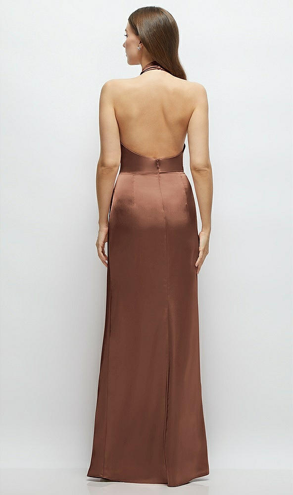 Back View - Cognac Cowl Halter Open-Back Satin Maxi Dress