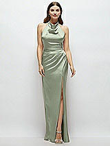 Front View Thumbnail - Sage Cowl Halter Open-Back Satin Maxi Dress