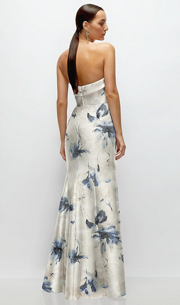 Back View - Inkwash Blue Floral Strapless Cuff Neckline Floral Satin Trumpet Gown