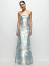 Front View Thumbnail - Porcelain Blue Seraphina Floral Strapless Cuff Neckline Floral Satin Trumpet Gown