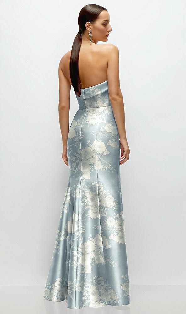 Back View - Porcelain Blue Seraphina Floral Strapless Cuff Neckline Floral Satin Trumpet Gown