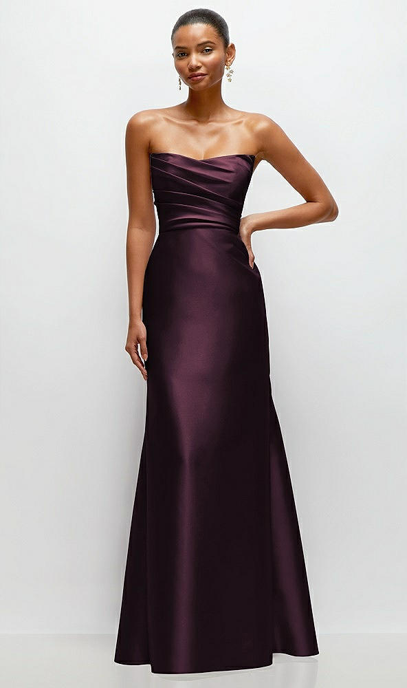 Front View - Deep Plum Strapless Cat-Eye Draped Bodice Satin Tumpet Dress
