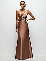 Front View Thumbnail - Cognac Strapless Cat-Eye Draped Bodice Satin Tumpet Dress