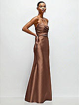 Side View Thumbnail - Cognac Strapless Cat-Eye Draped Bodice Satin Tumpet Dress