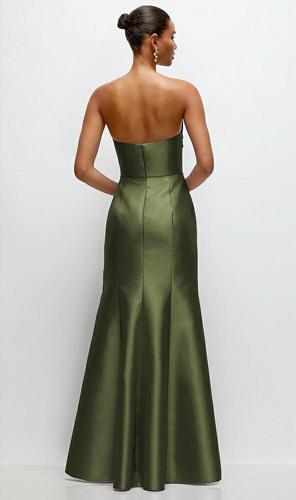 Back View - Olive Green Strapless Cat-Eye Draped Bodice Satin Tumpet Dress
