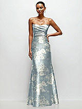 Front View Thumbnail - Porcelain Blue Seraphina Floral Strapless Cat-Eye Draped Bodice Floral Satin Tumpet Dress