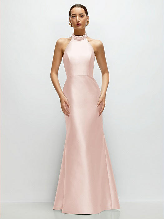 High-Neck Halter Open-Back Satin Trumpet Dress 