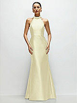 Front View Thumbnail - Butter Yellow High-Neck Halter Open-Back Satin Trumpet Dress 