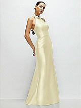 Side View Thumbnail - Butter Yellow High-Neck Halter Open-Back Satin Trumpet Dress 