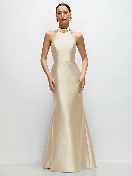 High-Neck Halter Open-Back Satin Trumpet Dress 