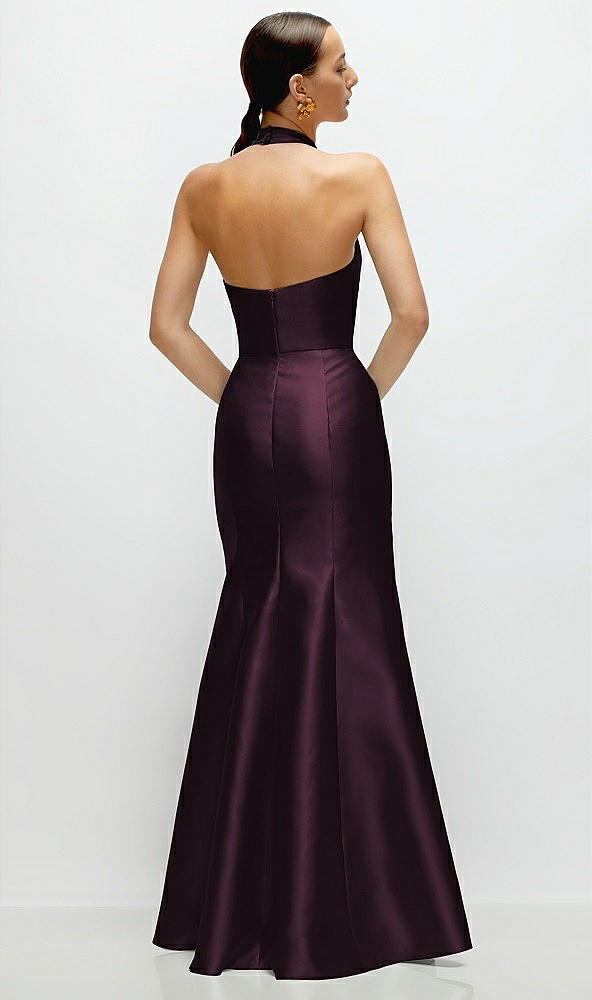 Back View - Deep Plum High-Neck Halter Open-Back Satin Trumpet Dress 